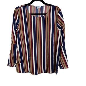 New She + Sky Large L Red Blue Brown Striped Flared Sleeve Blouse Top Crew Neck